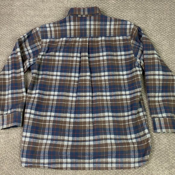 LL Bean Chamois Cloth Shirt Mens Large Brown Blue Gray Red Plaid Mix Button Down - Picture 3 of 8